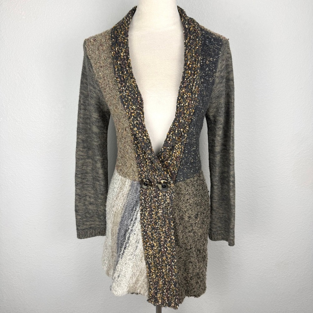 Y2K Curio NY Wool Blend Patchwork Duster Cardigan Sweater Earthy Boucle Front M